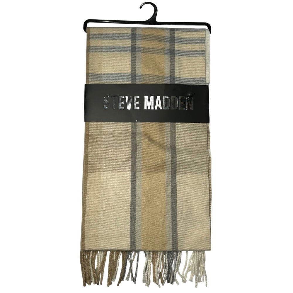 Steve Madden Neutral Plaid Fringed Scarf SMA-4184 Tan Grey Beige One Size NEW